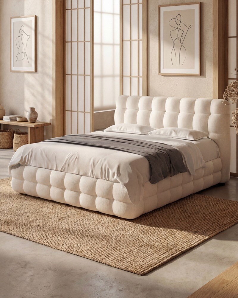 The Klara Platform Bed made up in a calm bedroom